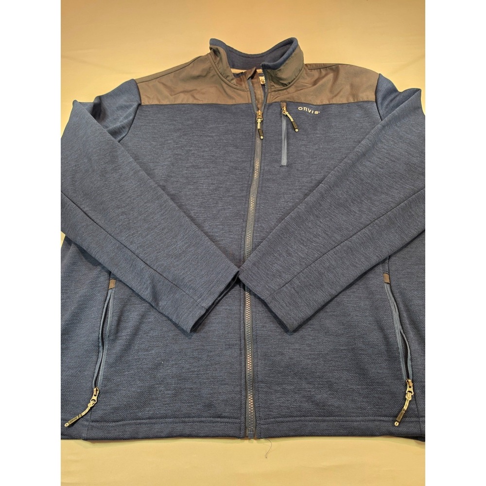 Orvis Mens XXL Full Zip‎ Fleece Jacket Blue Heather Brown Yoke Mock Neck 1035